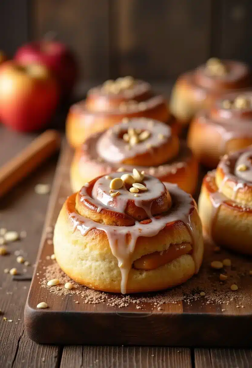 Roulés à la cannelle avec glaçage et pignons.