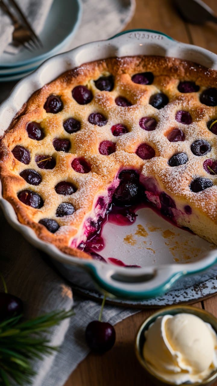 Clafoutis aux cerises dans un plat rond.