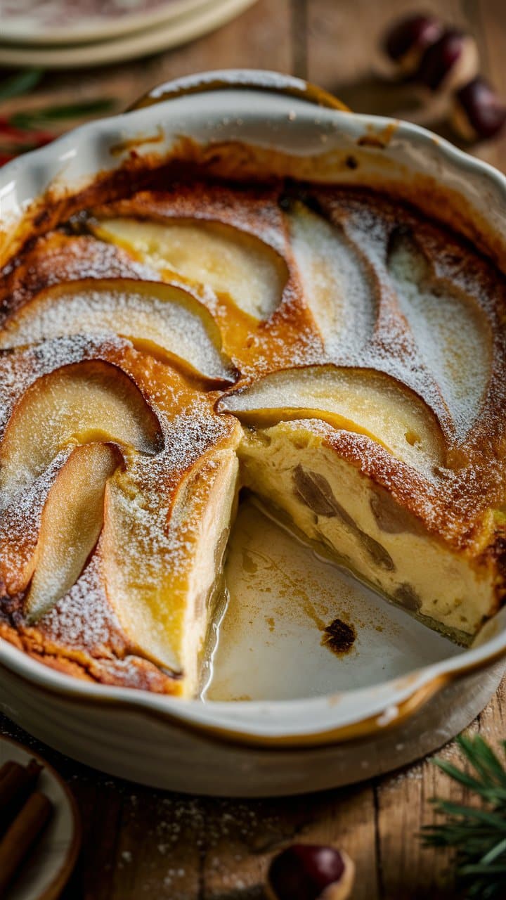 Clafoutis aux poires avec sucre glace.