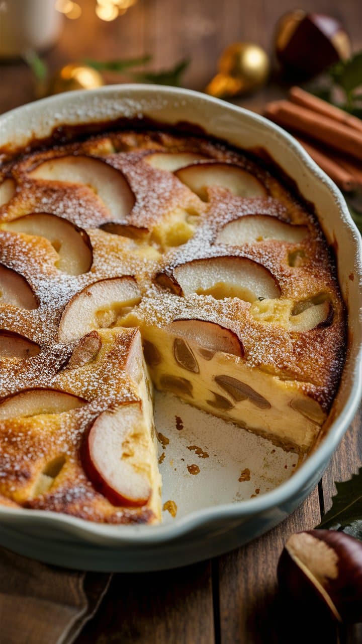 Clafoutis aux pommes tranchées dans un plat.