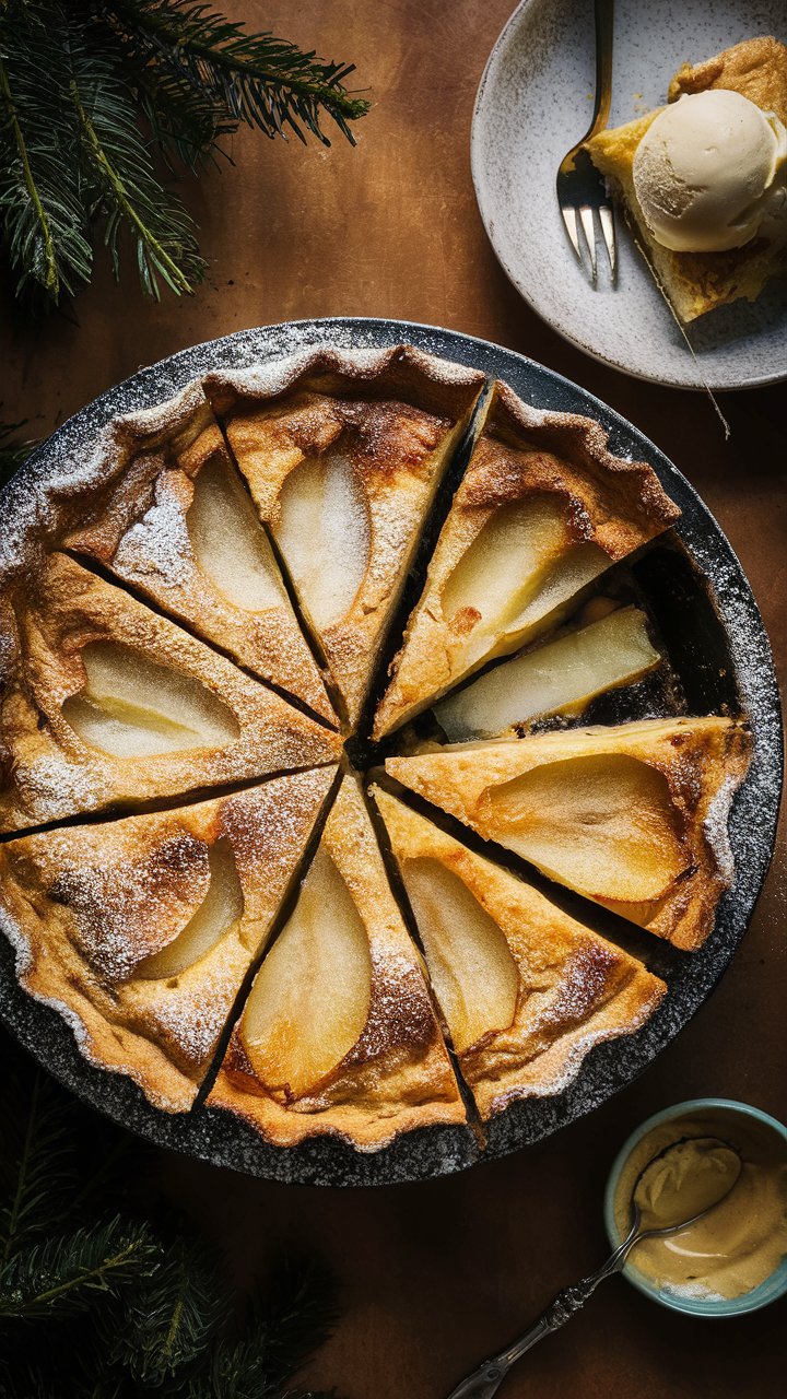Tarte aux poires tranchée avec boule de glace.