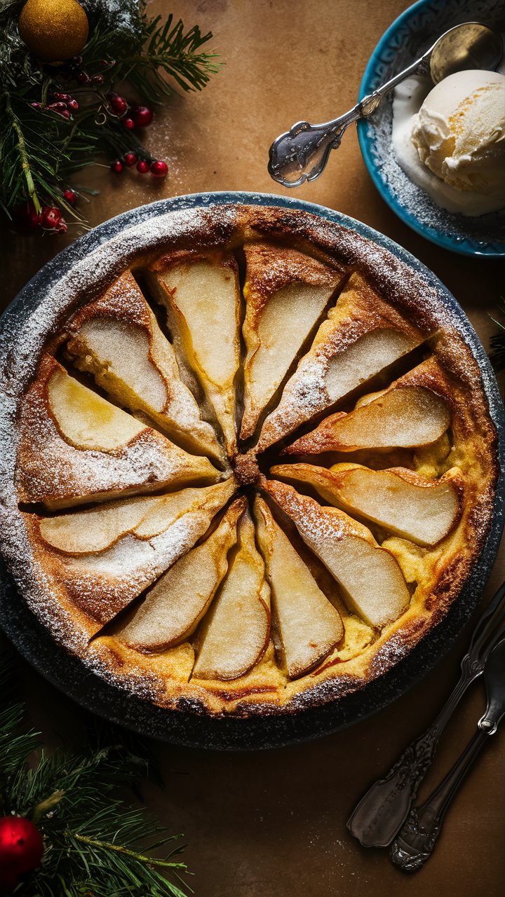 Tarte aux poires et glace vanille sur table.