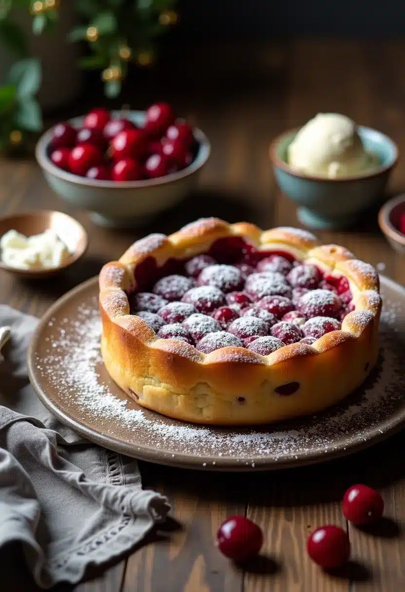 Gâteau aux cerises saupoudré de sucre glace.