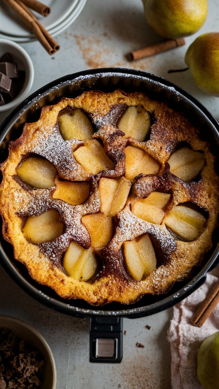 Tarte aux poires dorée avec sucre glace.