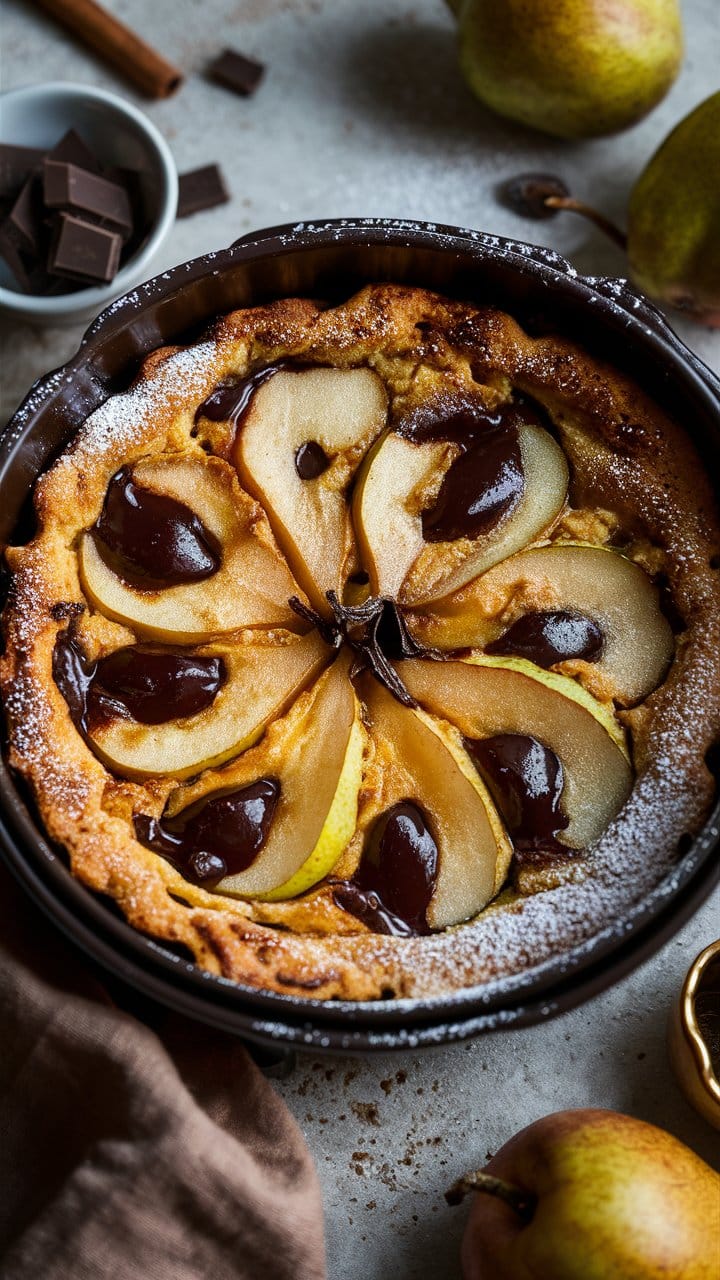 Tarte aux poires et chocolat en gros plan.