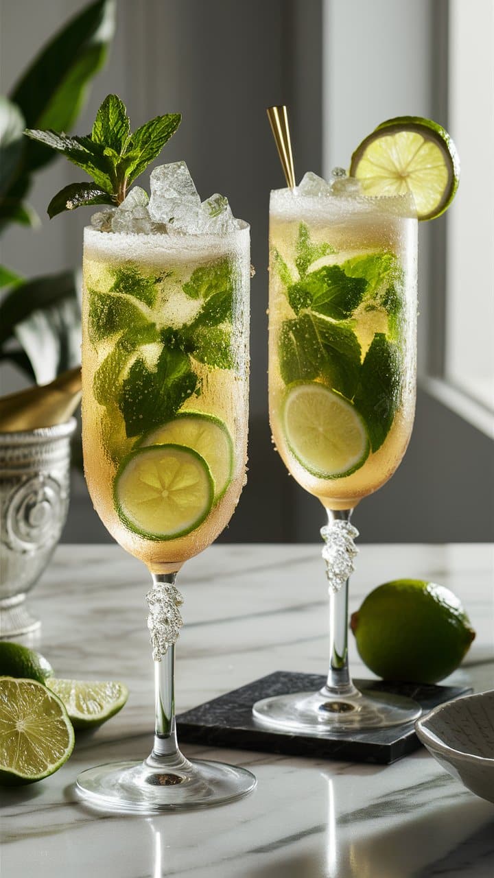 Deux cocktails au citron vert et menthe, glacés.