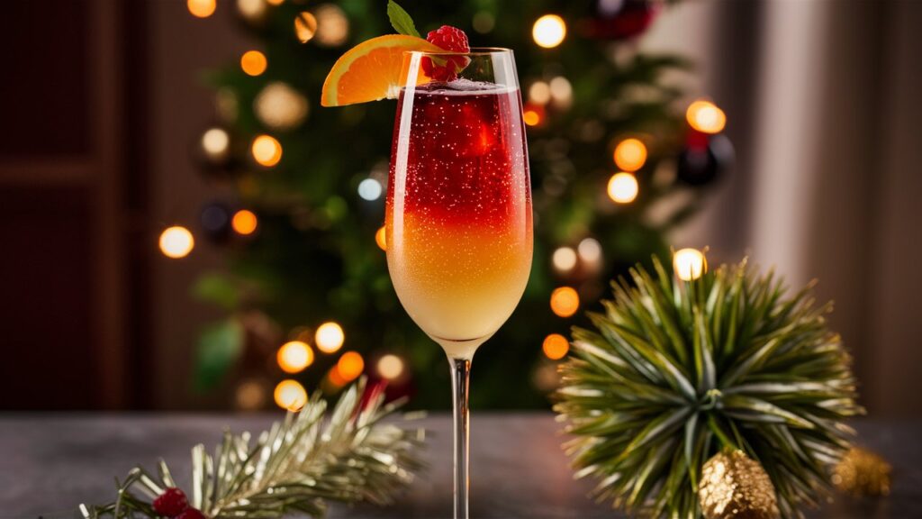Cocktail festif devant sapin de Noël illuminé