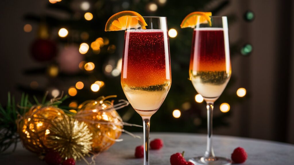 Cocktail festif devant sapin de Noël illuminé.