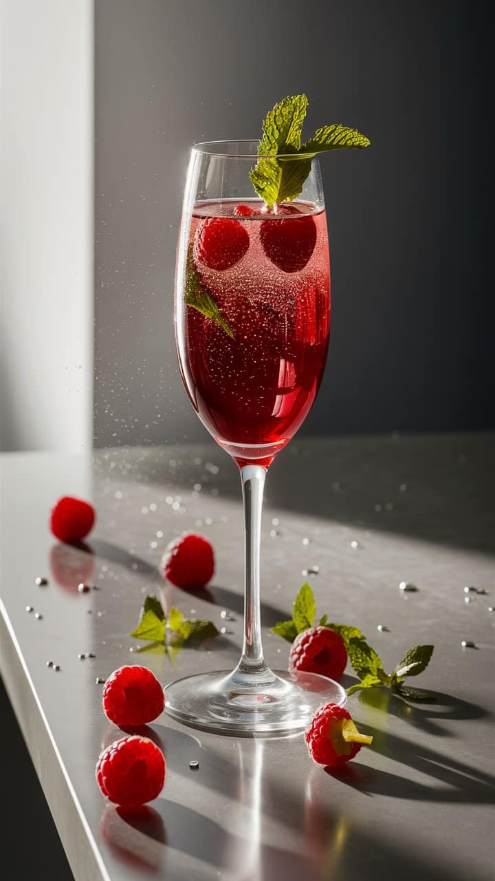 Cocktail framboise et menthe avec glaçons pétillants.