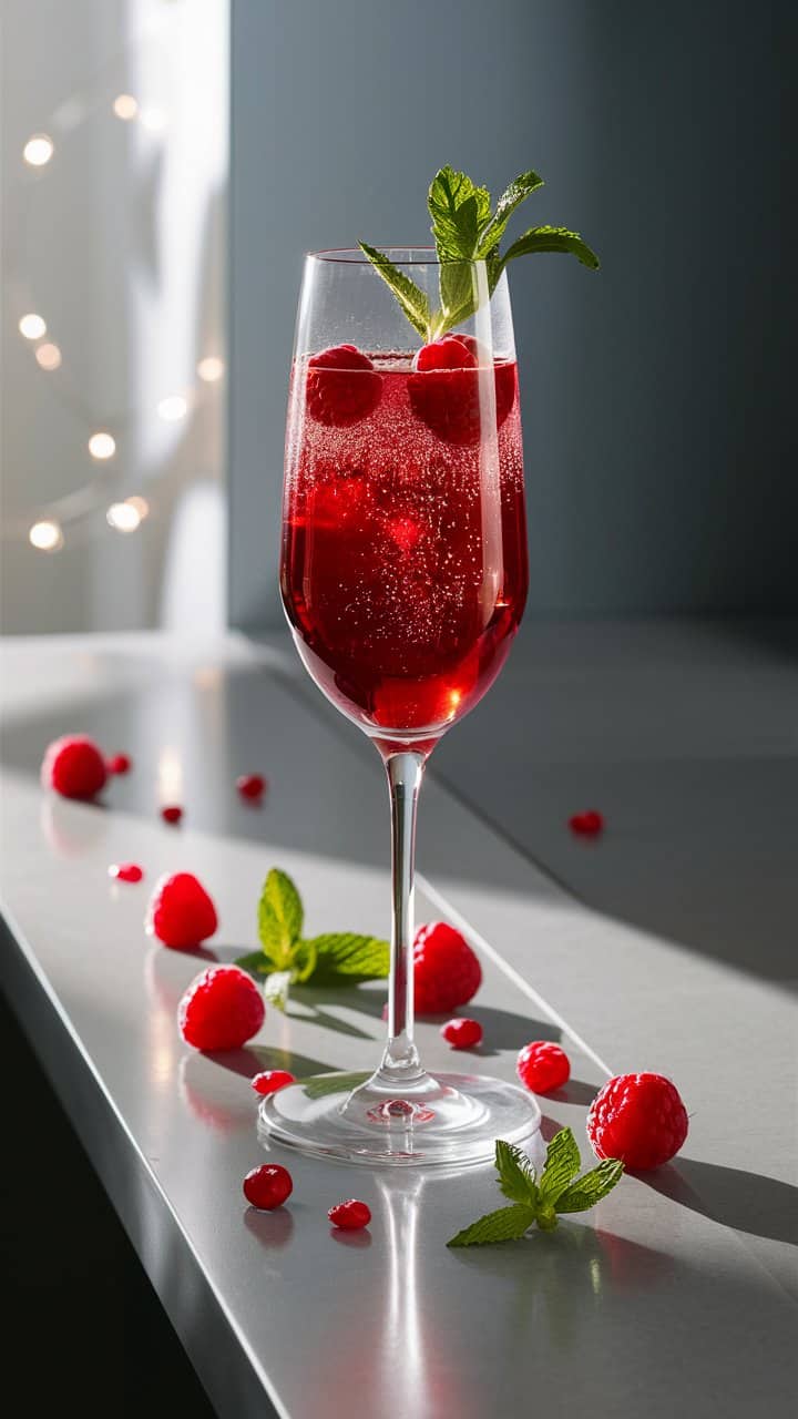 Verre de cocktail aux framboises et menthe fraîche