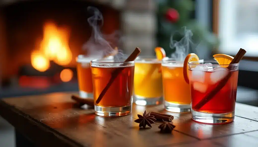 Cocktails chauds devant une cheminée.