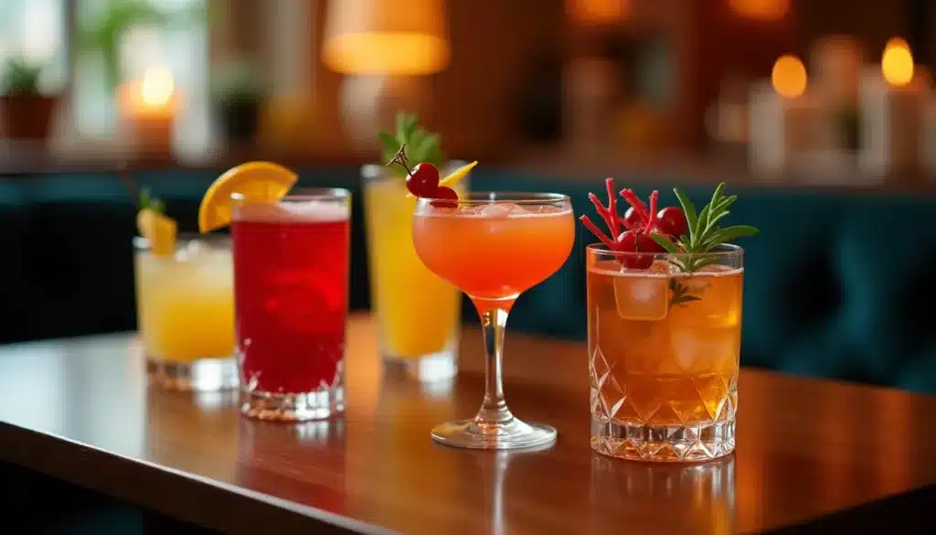 Cocktails colorés alignés sur une table en bois.