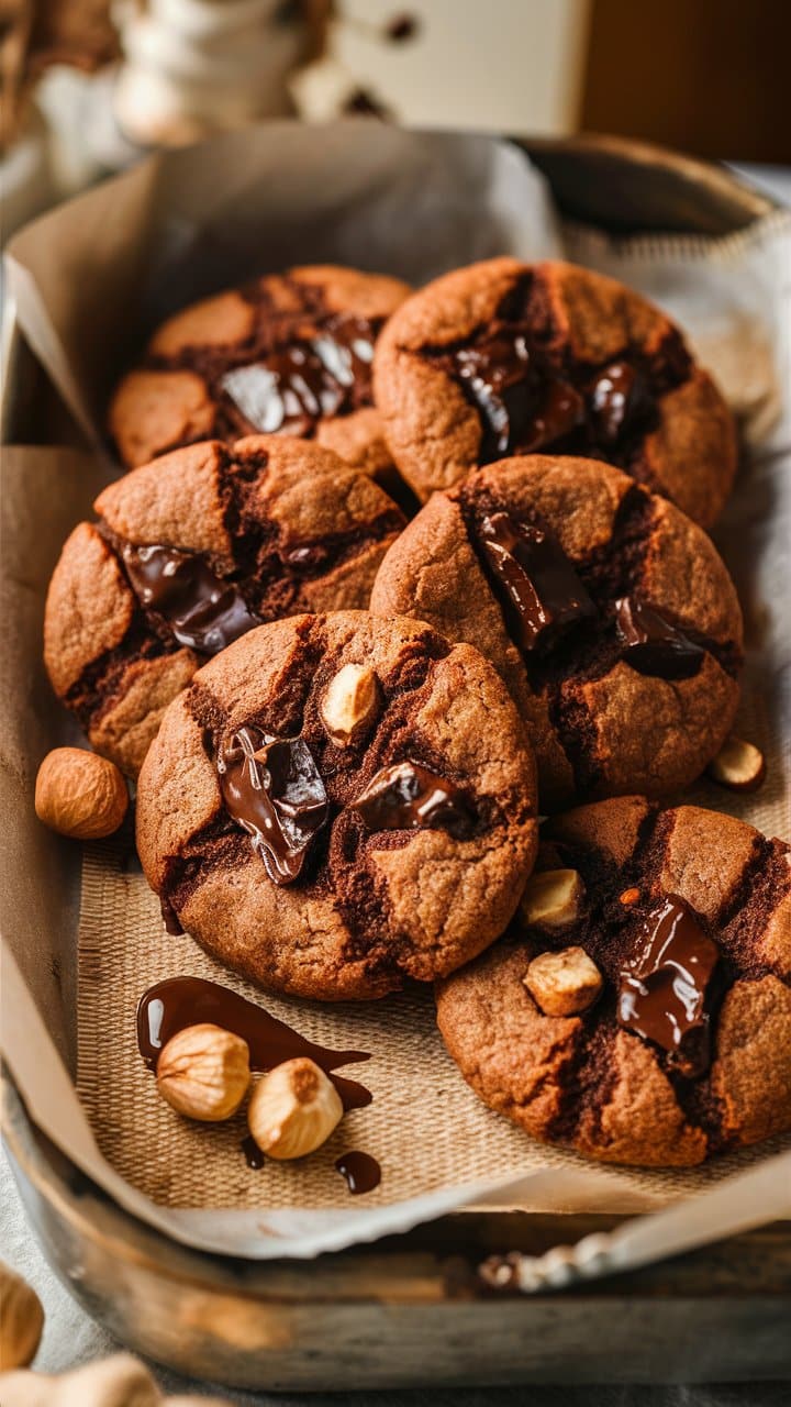 Cookies chocolat noisette dans un plateau.