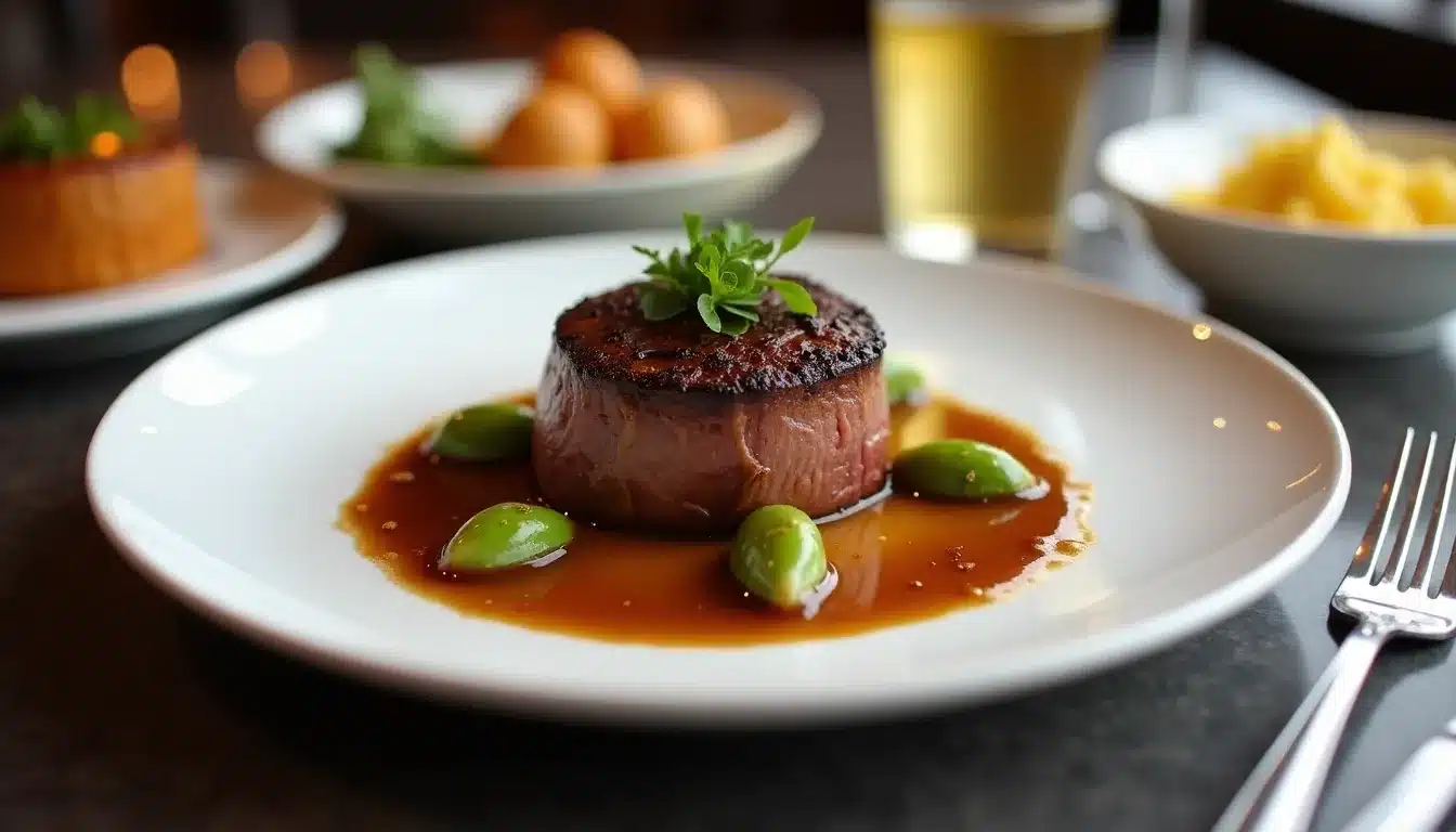 Plat de viande gourmet avec sauce et légumes verts.