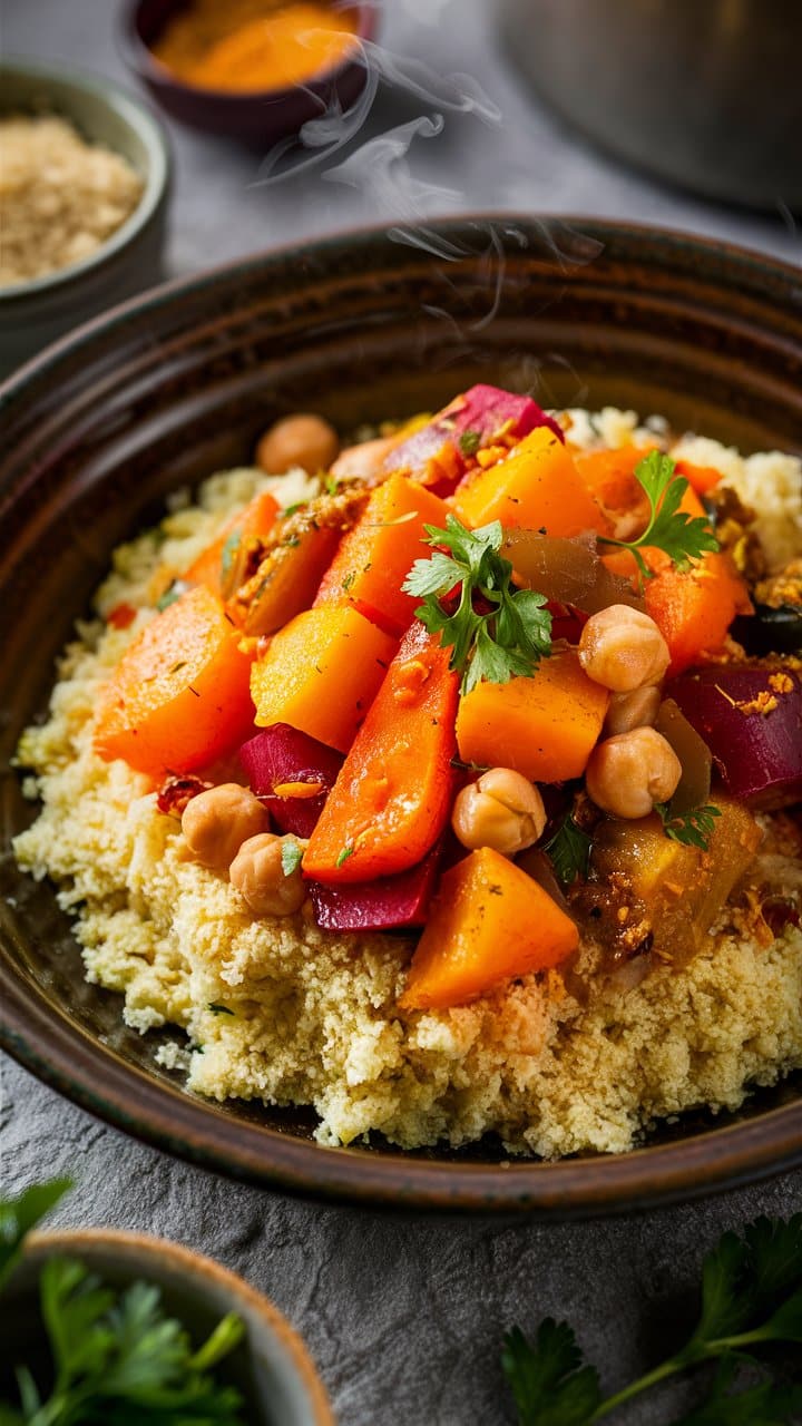 Couscous aux légumes colorés et pois chiches.