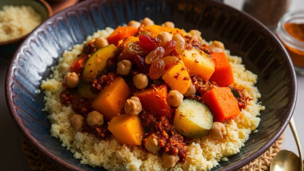 Plat de couscous aux légumes colorés.