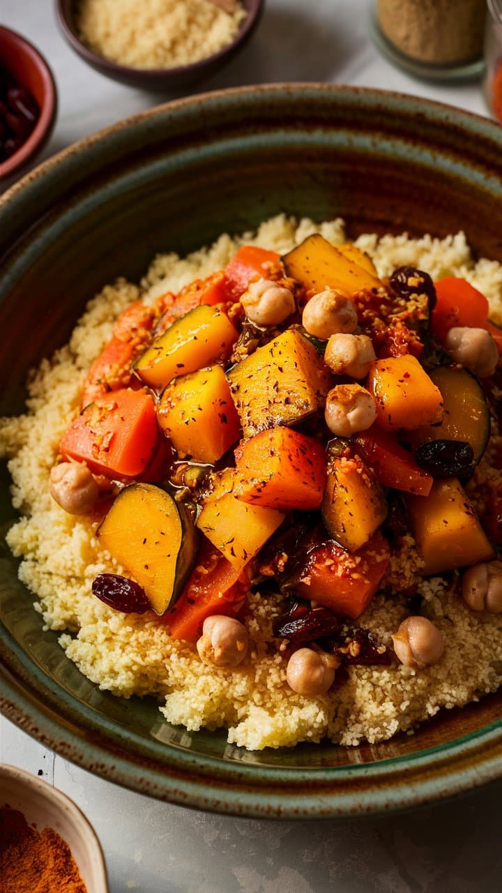 Plat de couscous aux légumes variés.