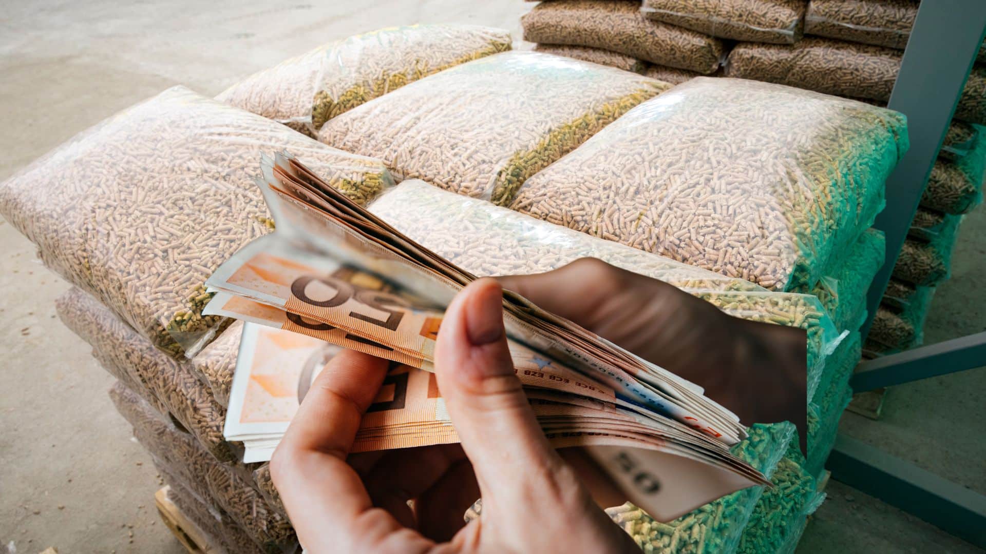 Main tenant des billets, palettes de granulés.