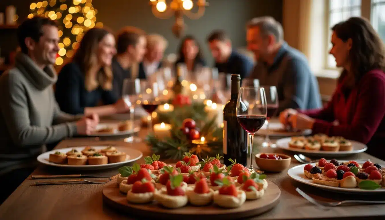Repas convivial autour d'une table festive décorée.