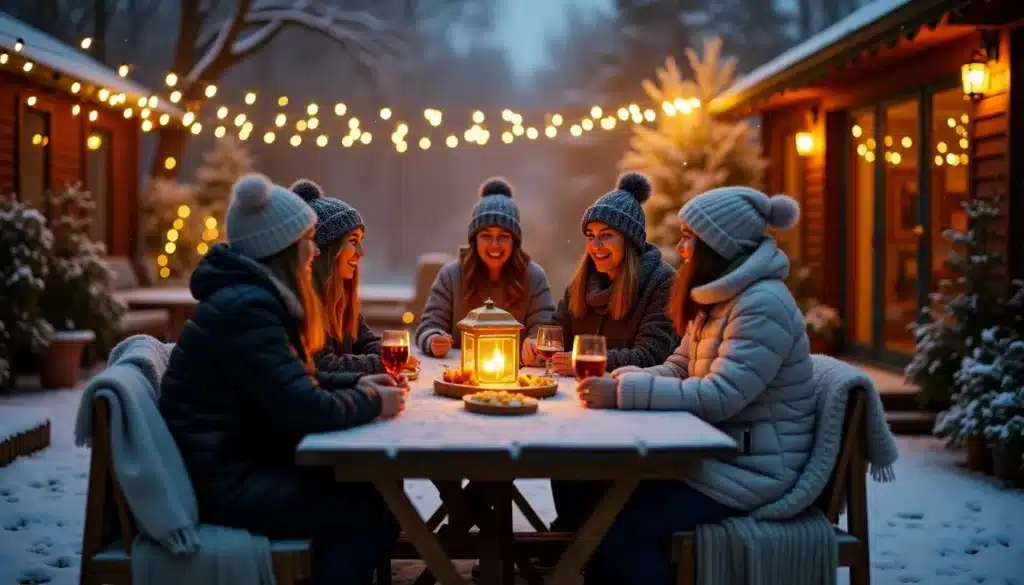 Amies autour d'une lanterne, neige et lumières.