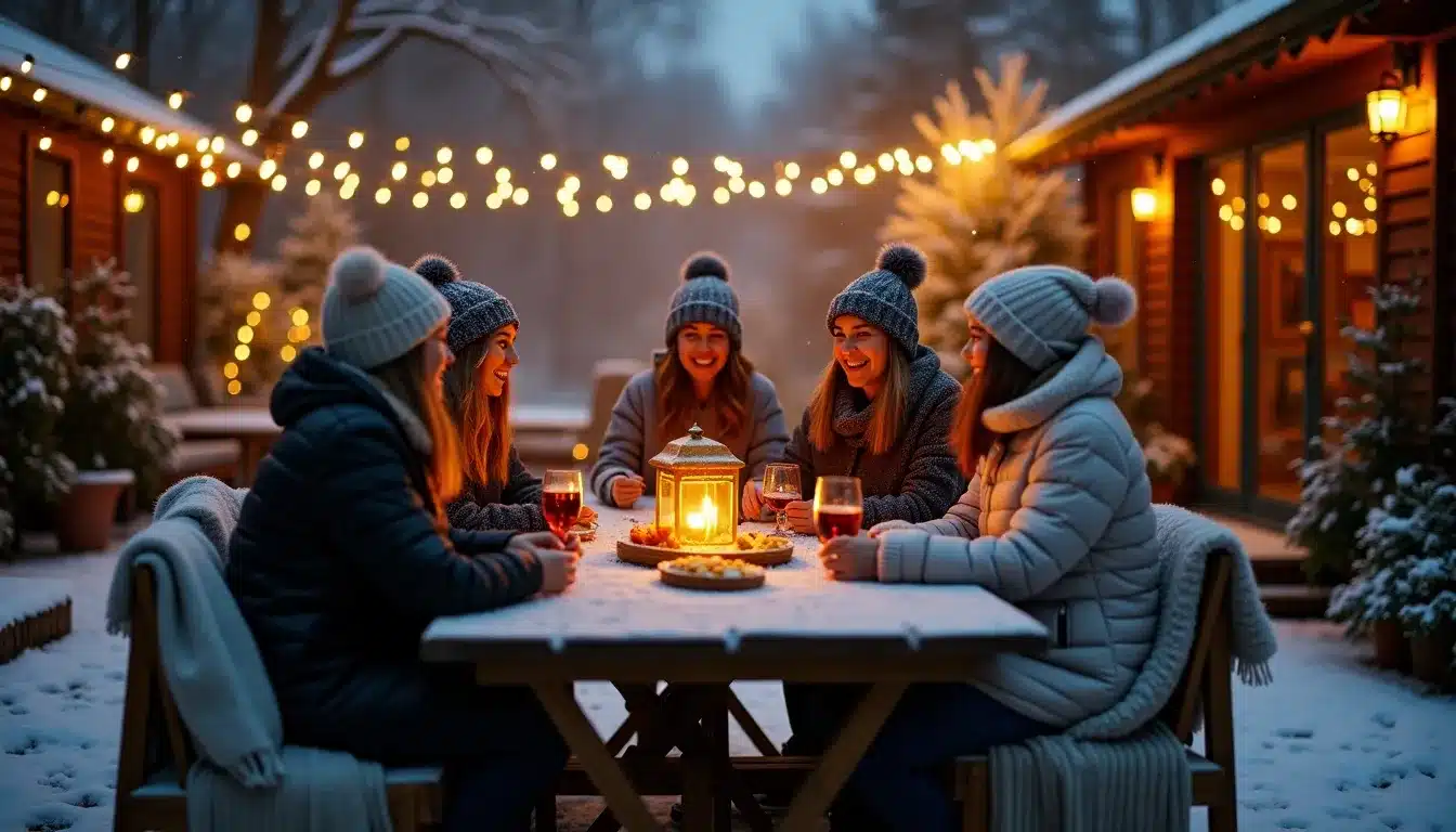 Amies autour d'une lanterne, neige et lumières.