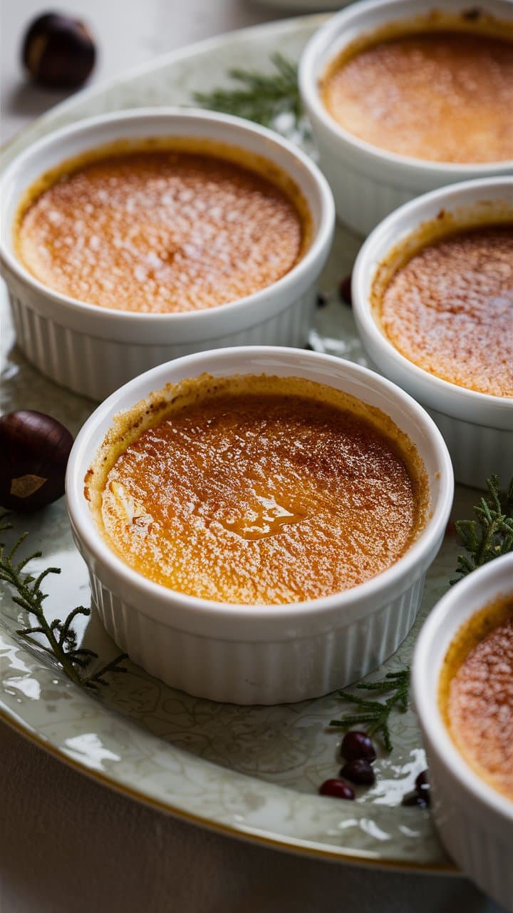 Crèmes brûlées dans des ramequins blancs.
