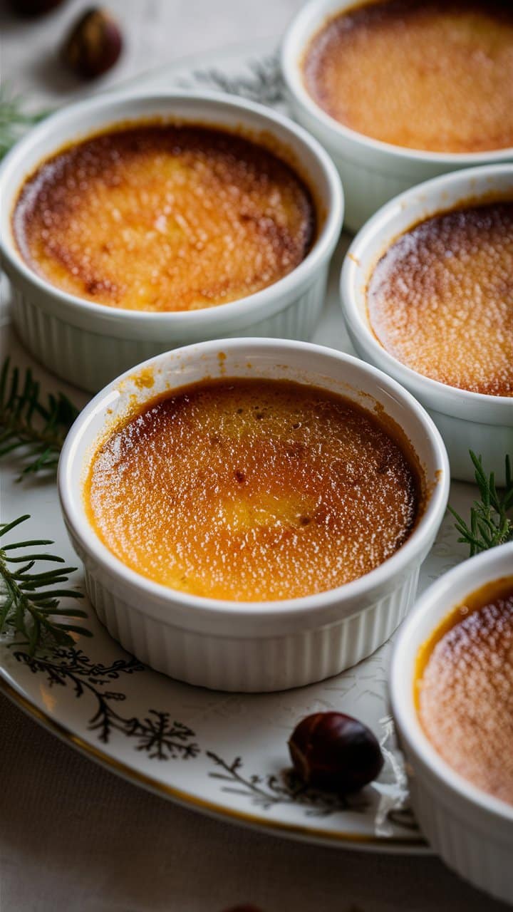 Crème brûlée dans ramequins blancs sur assiette décorée.