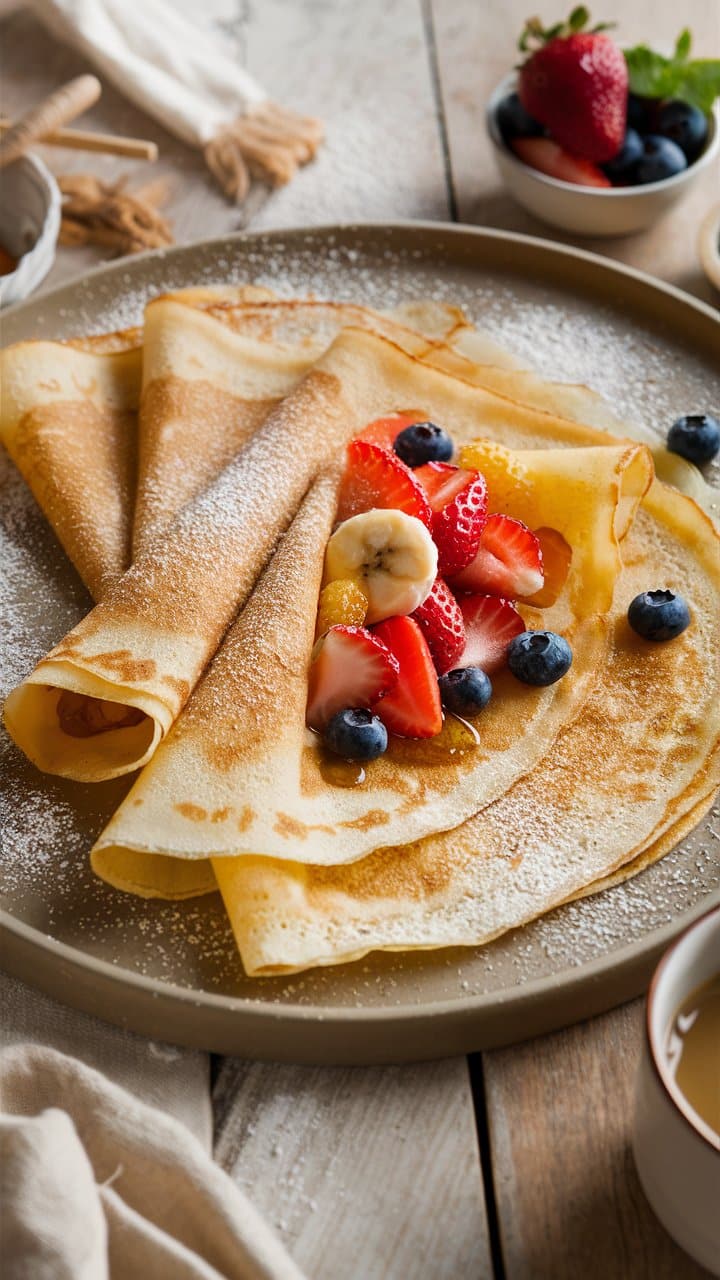 Crêpes garnies de fruits frais et sucre glace.