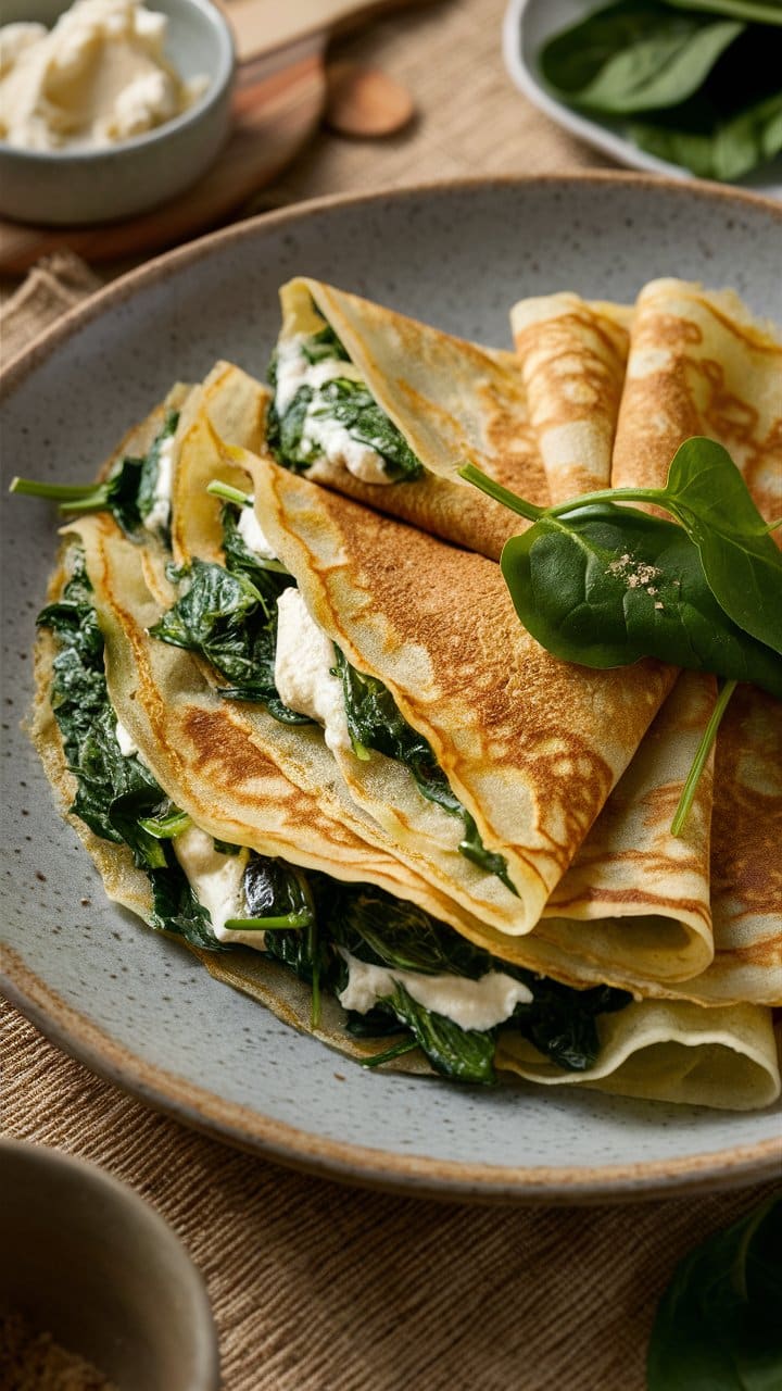 Crêpes aux épinards et fromage frais sur assiette.