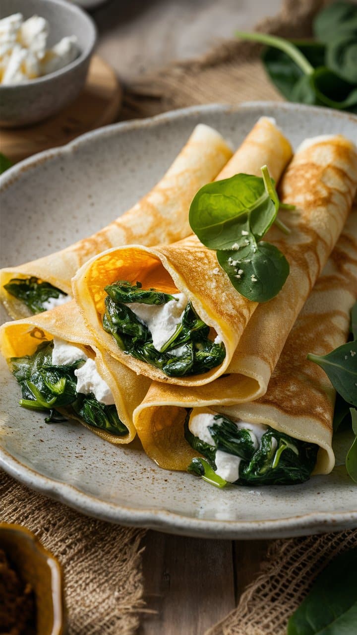 Crêpes épinards fromage sur assiette rustique.