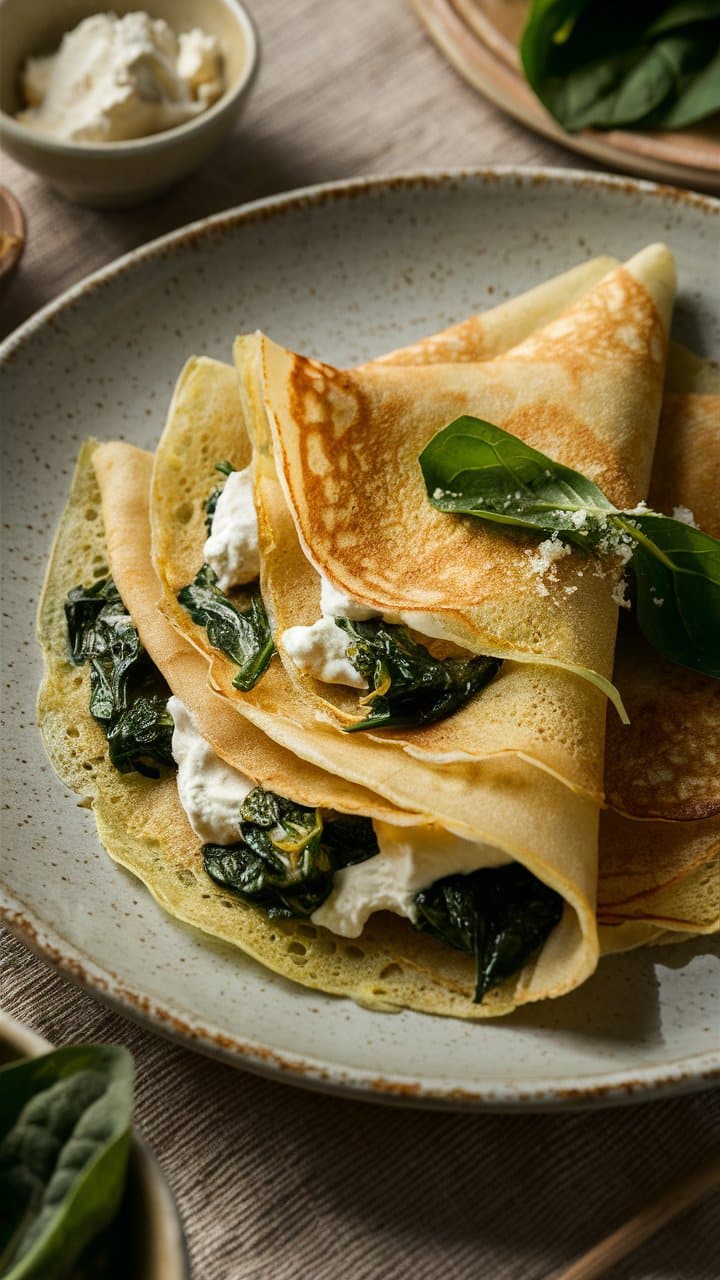Crêpes épinards et fromage sur assiette.