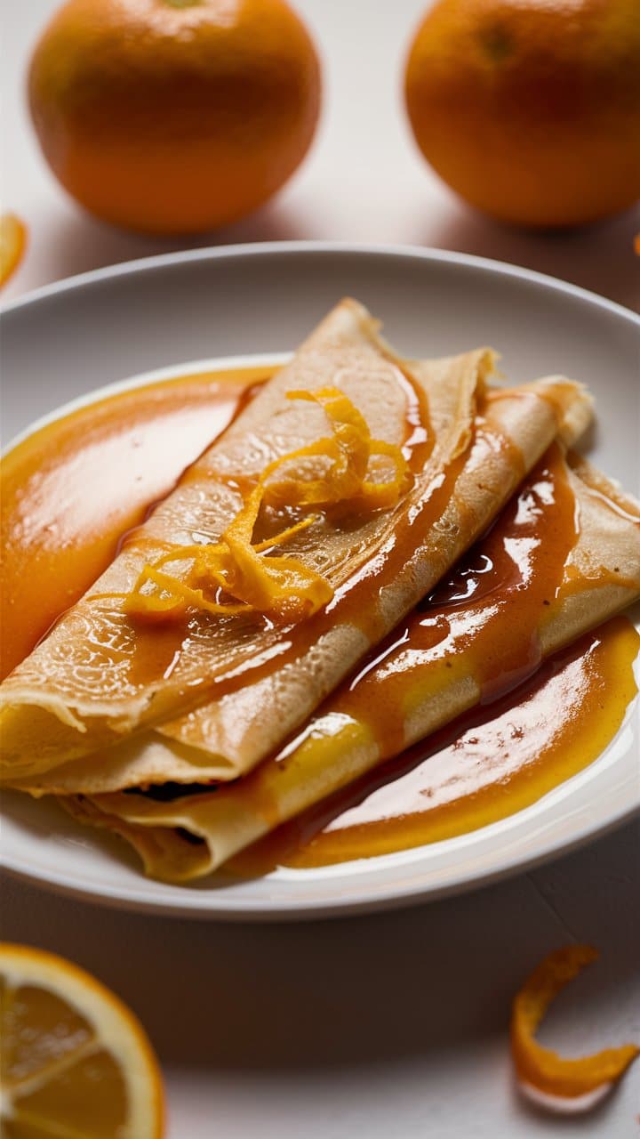 Crêpes sauce orange entourées de fruits.