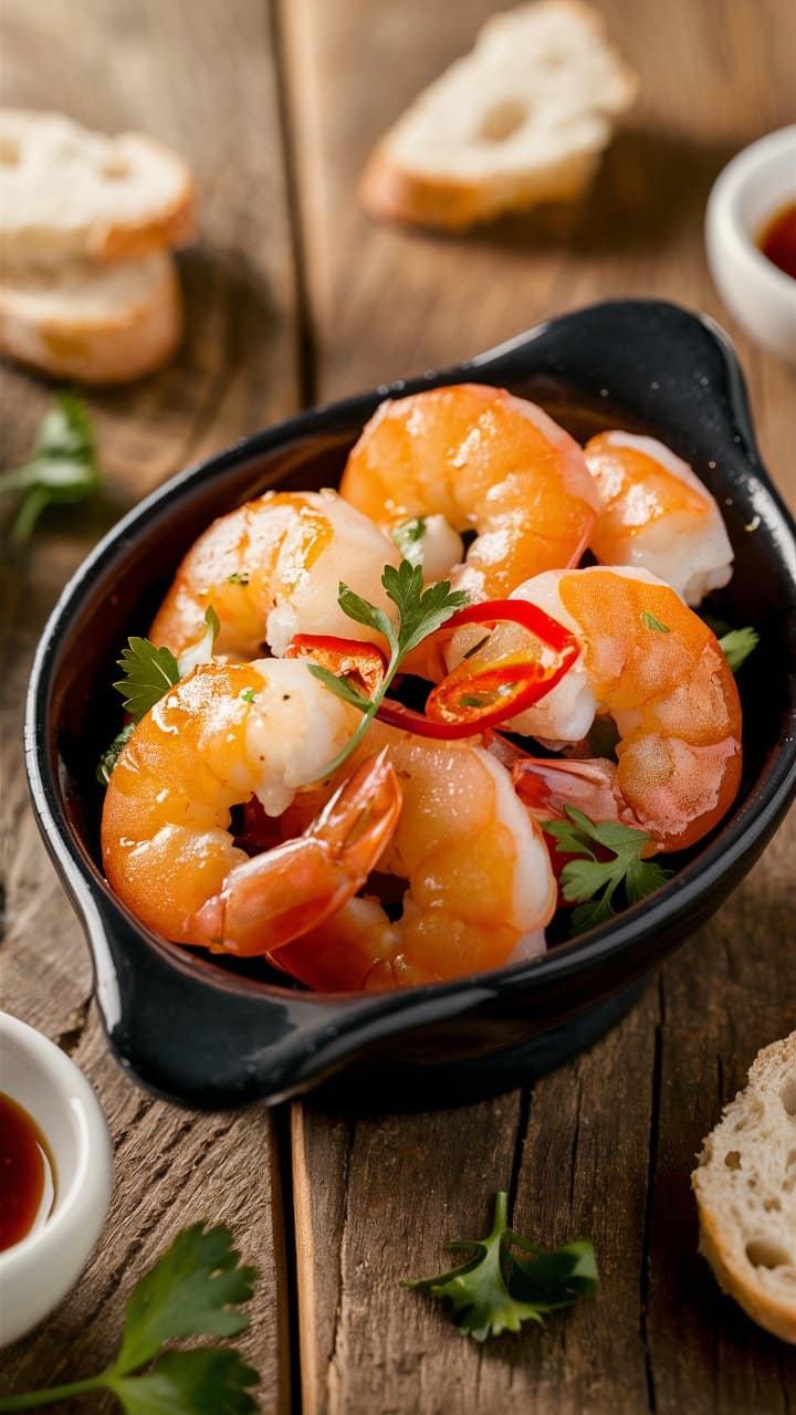 Crevettes aux piments dans un bol noir.