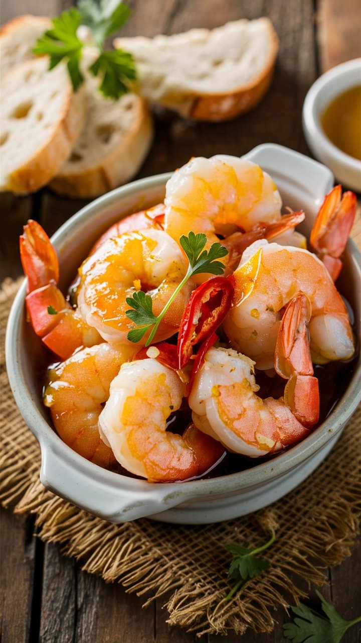 Crevettes poêlées avec ail et piments rouges.