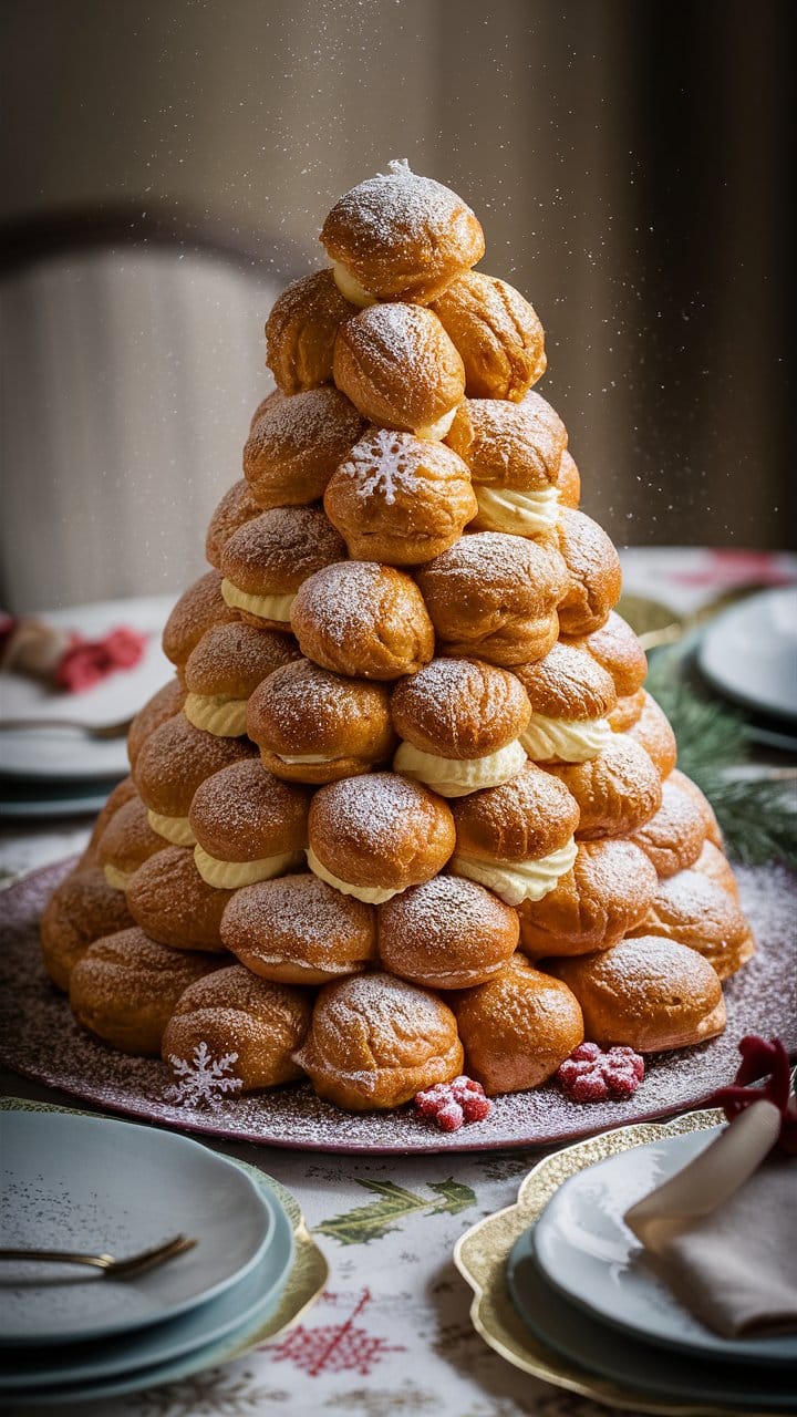 Croquembouche décoré sur table de fête.