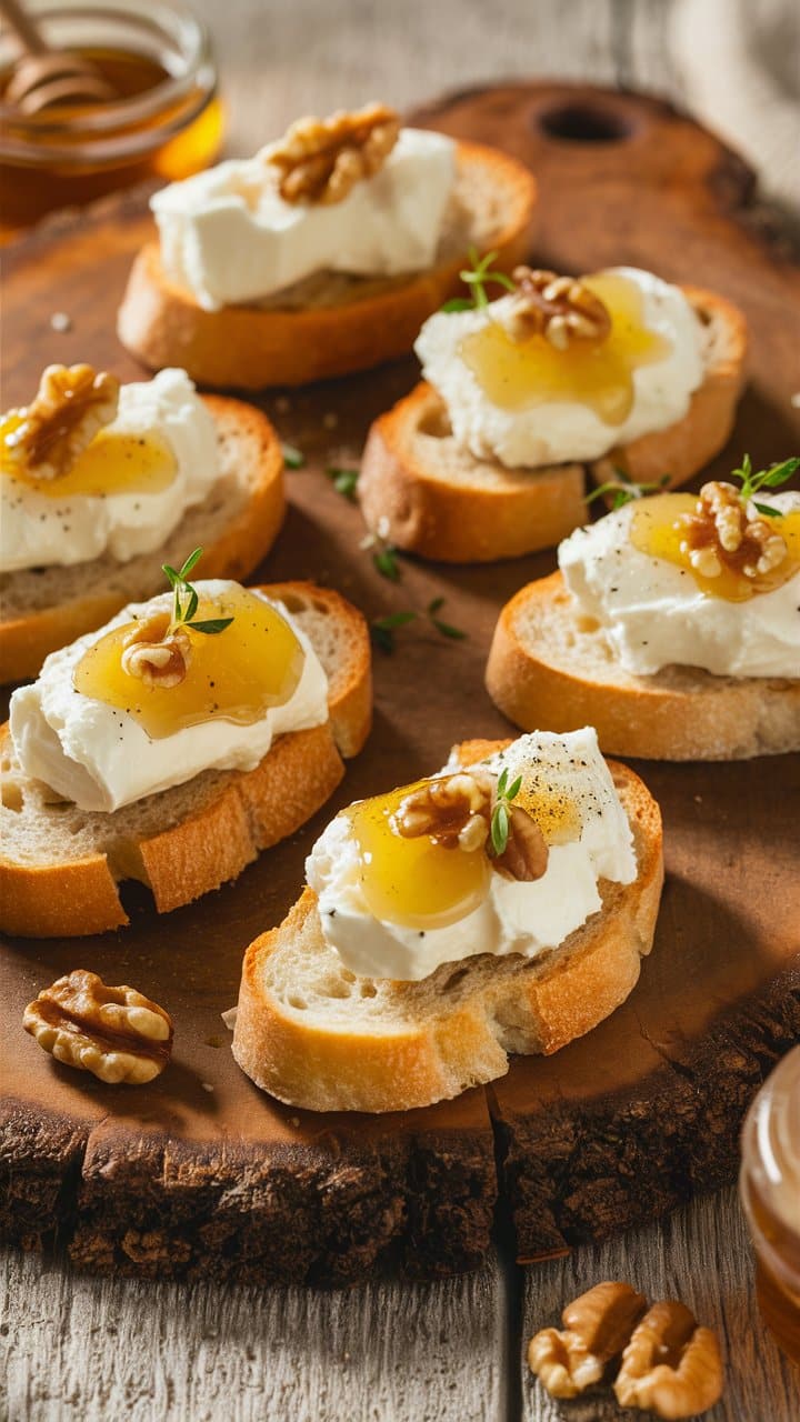 Tartines fromage, miel, noix sur planche bois.