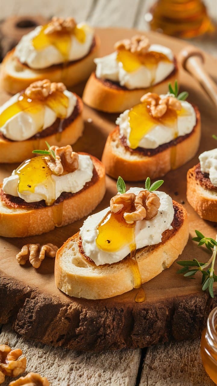 Bruschetta chèvre, miel, noix sur planche bois.