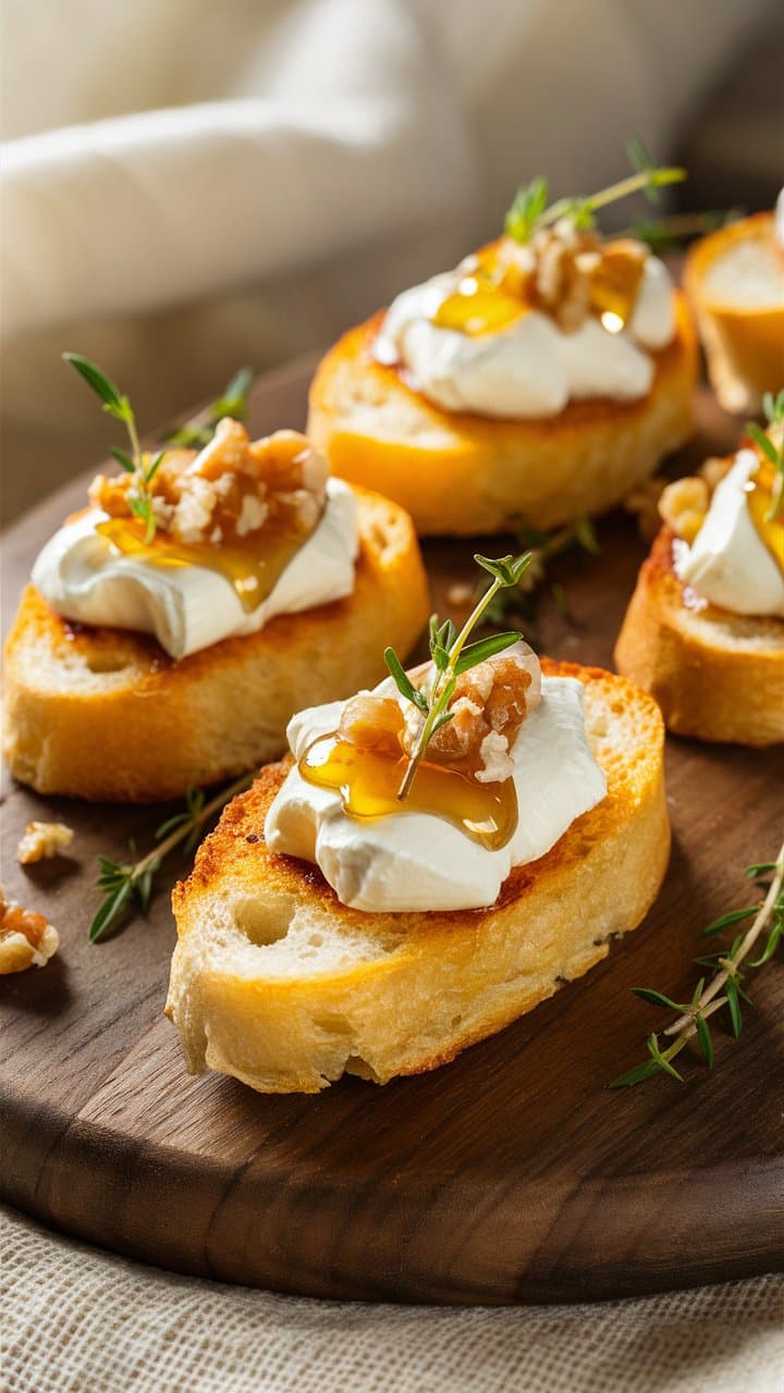 Tartines fromage, noix, miel sur planche bois.