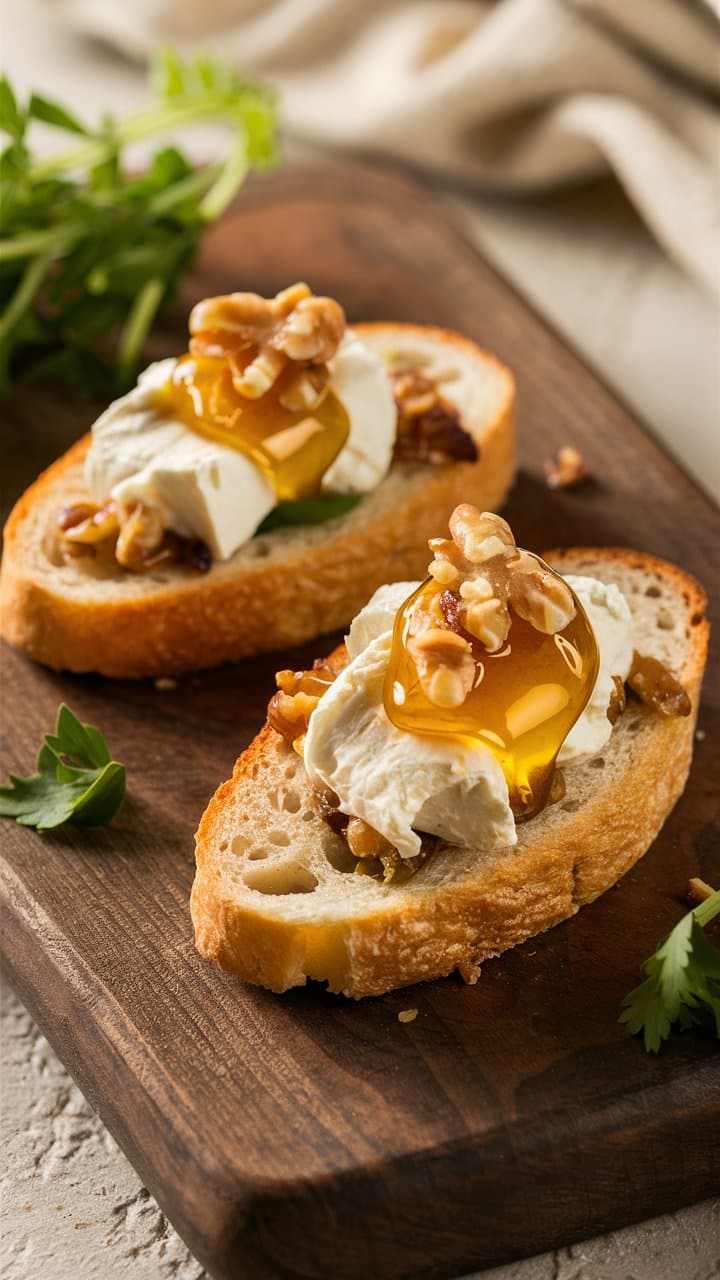 Tartines fromage, miel et noix sur planche bois.