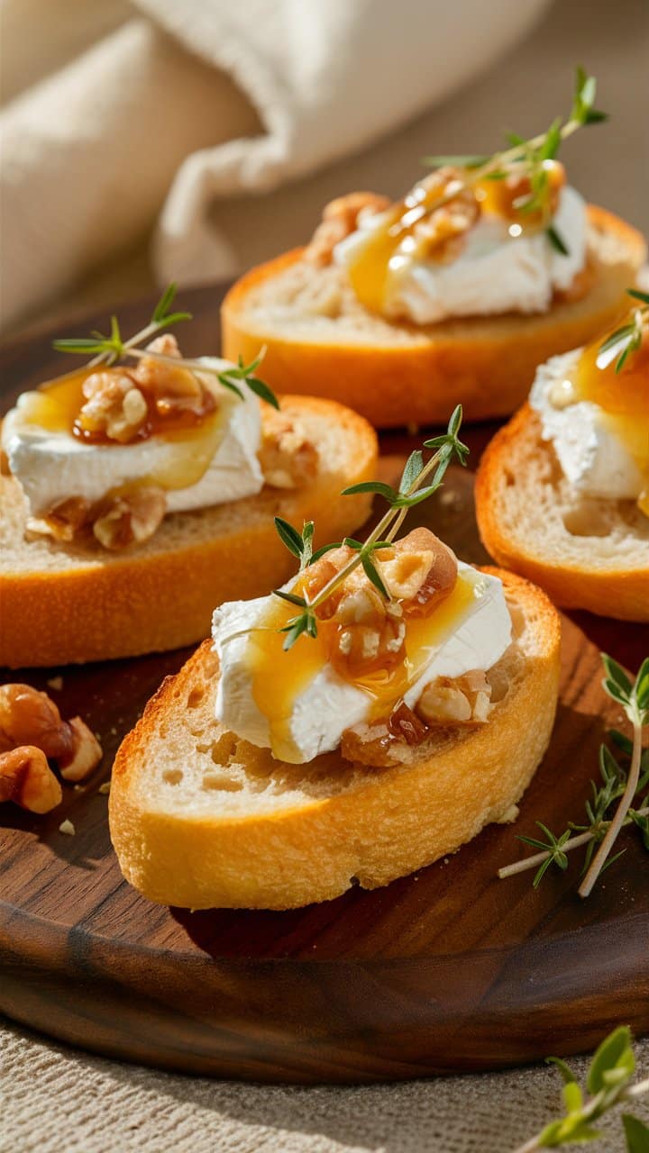 Tartines au fromage, noix et miel sur assiette.