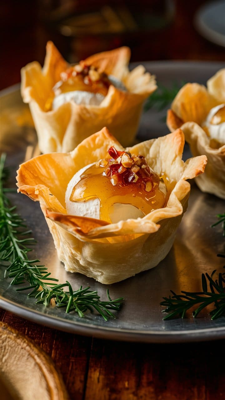 Tartelettes au fromage et miel sur un plateau.