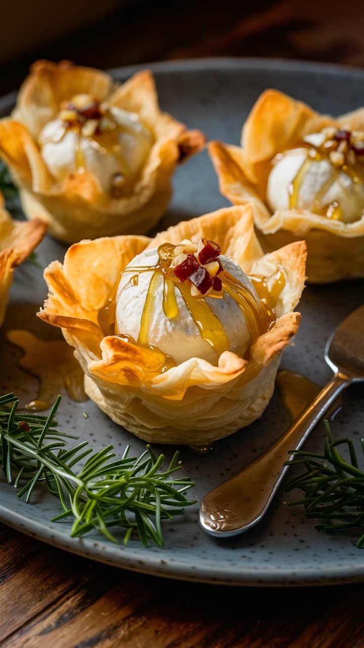 Coupes feuilletées au fromage et au miel.