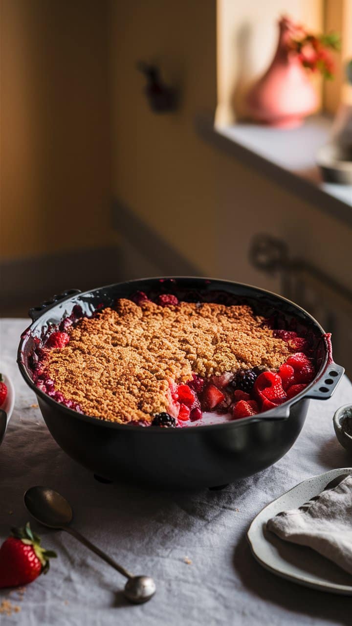 Crumble aux fruits rouges sur une table.