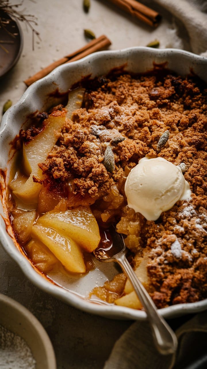 Crumble aux poires avec boule de glace.