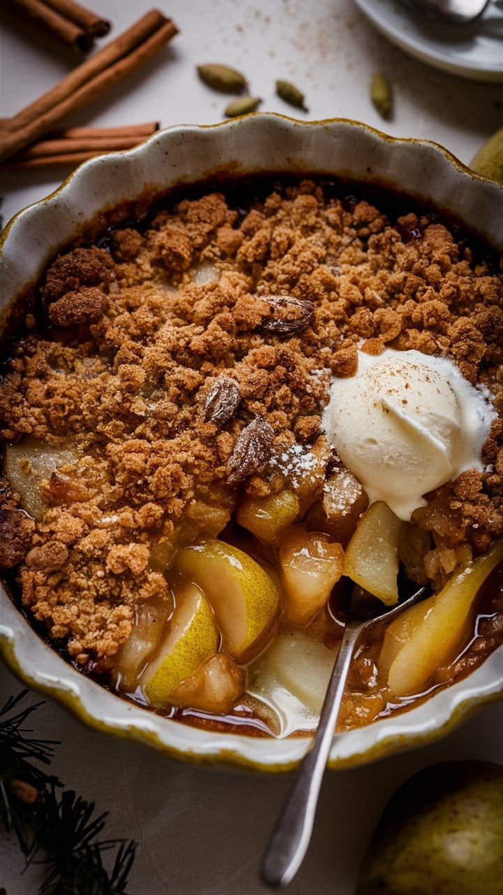 Crumble poire avec boule de glace vanille.