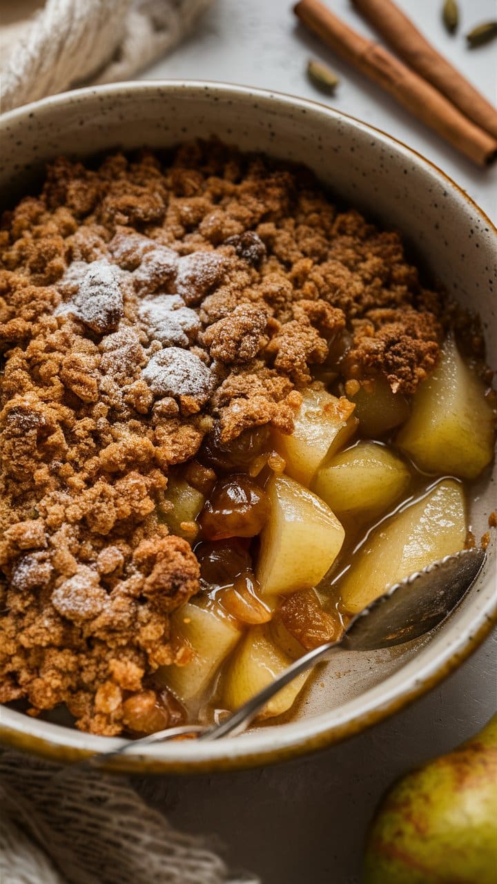 Crumble aux pommes doré avec cannelle.