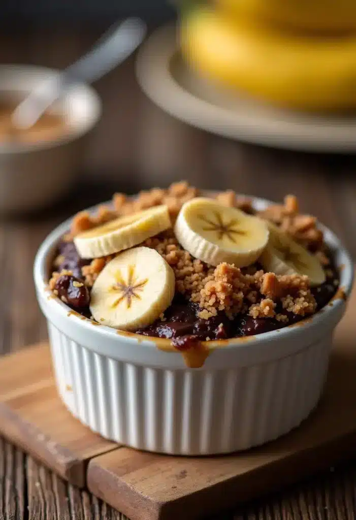 Crumble à la banane et chocolat dans un ramequin.