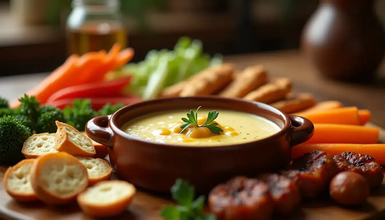 Fondue fromage avec légumes et pain