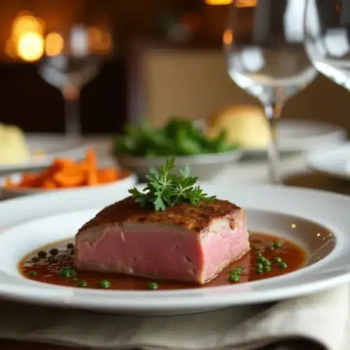 Plat de viande avec légumes et sauce.