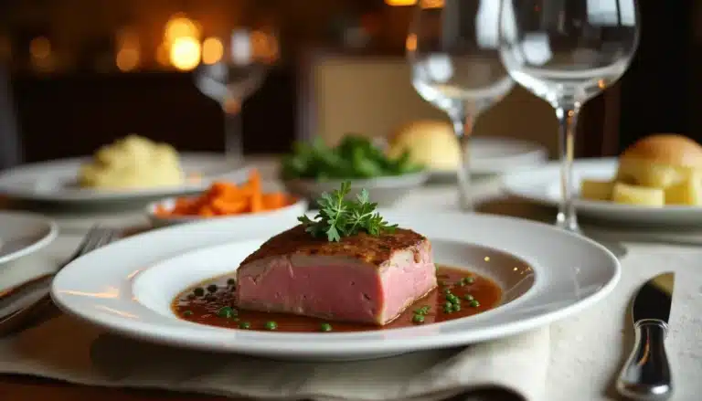 Plat de viande avec légumes et sauce.